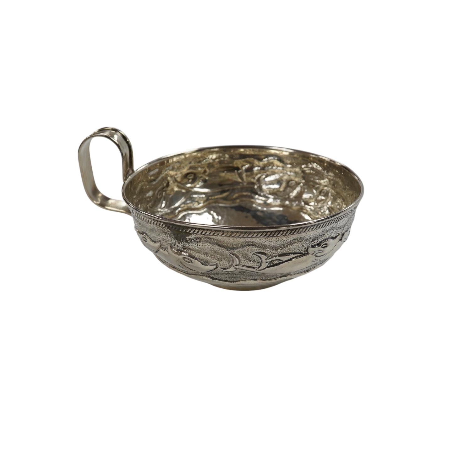 A Greek Lalaounis 800 standard white metal single handled cup, embossed with fish, diameter 11.5cm, 135 grams. Condition - fair